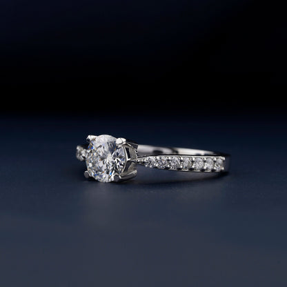 Round Lab Diamond Engagement Ring, Pave Wedding Bridal Ring