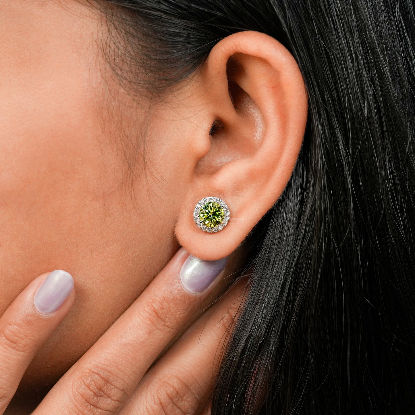 Round Green Colored Lab Grown Diamond Stud Earrings,Round Diamond Screw Back Earrings,Halo Diamond Stud Gift Earrings,Wedding gift for Bride