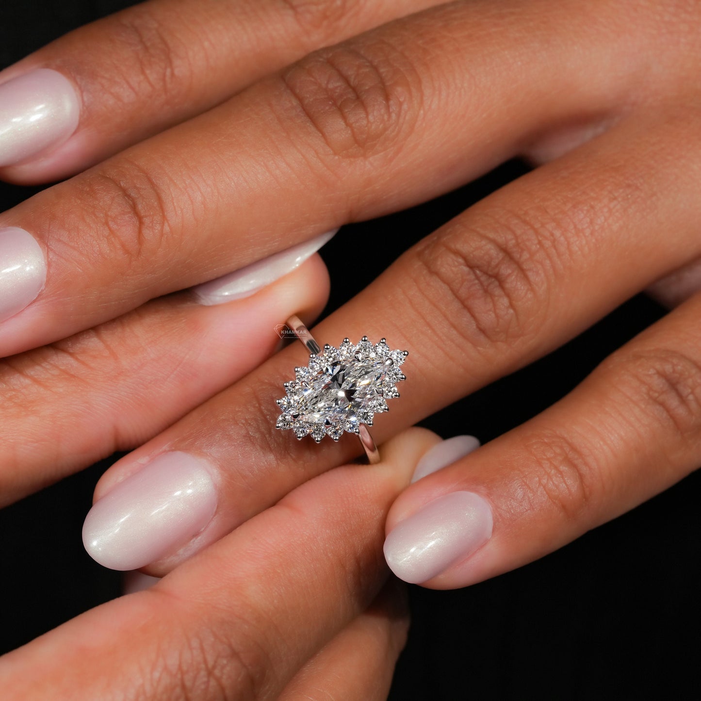 Marquise Lab Diamond Ring Cluster Halo Cathedral Setting