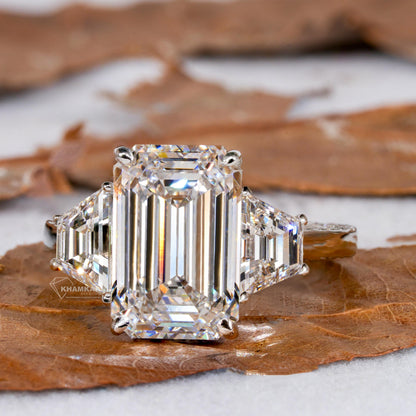 Emerald Cut Lab Diamond Three Stone Ring with Trapezoid Sides