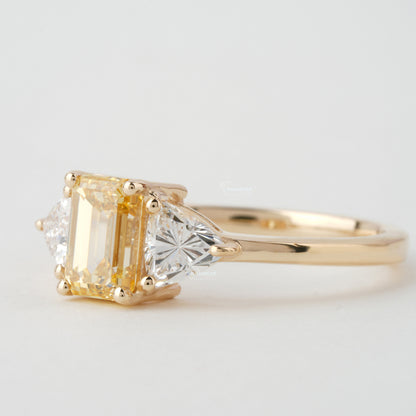 1.90 TCW Emerald Yellow Colored Lab Grown Diamond Engagement Ring Trillion Side Stone Diamond  Wedding Ring Fancy Colored Diamond Ring