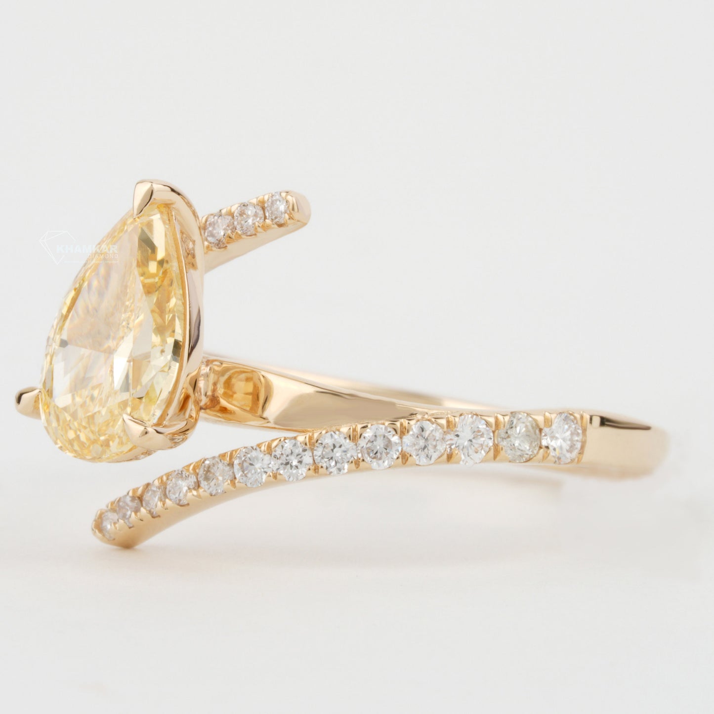 IGI Certified Yellow Pear Cut Lab Diamond Ring Bypass Wedding Ring