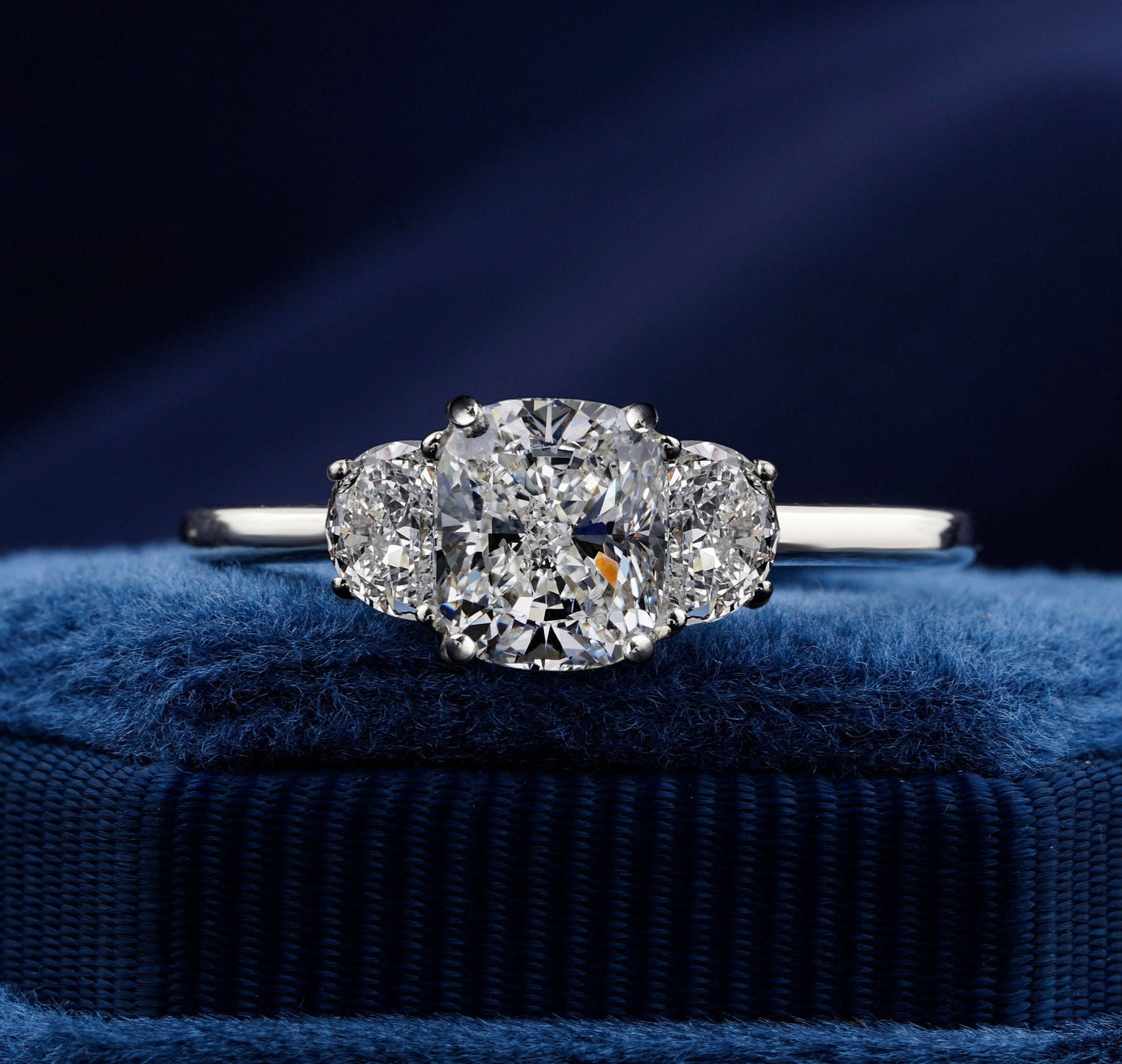 Three Stone Cushion Lab Diamond Half Moon Ring For Gift