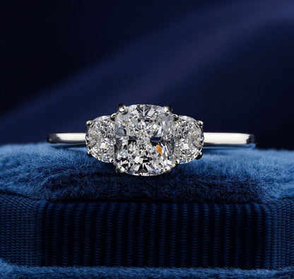 Three Stone Cushion Lab Diamond Half Moon Ring For Gift