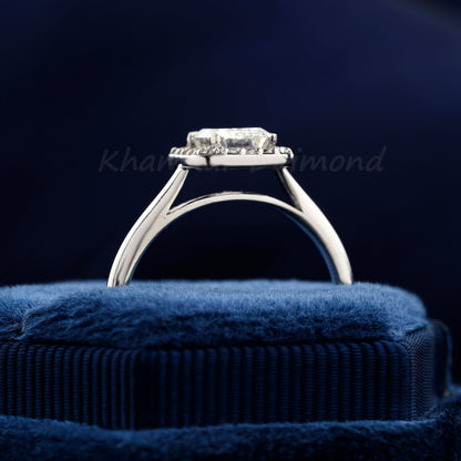 1 CT Emerald Cut Lab Grown Diamond Halo Engagement Ring in 14K Solid Gold