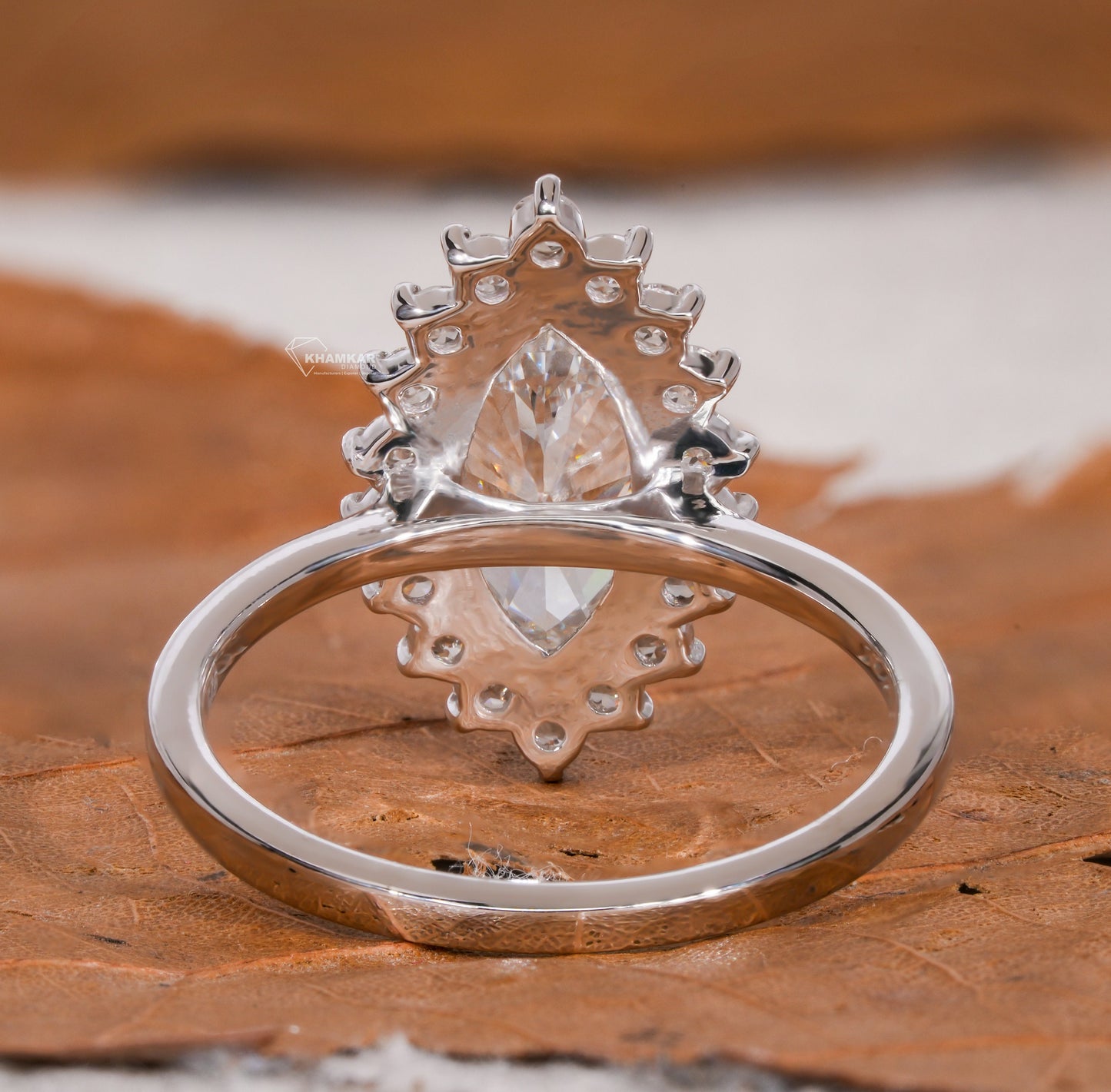 Marquise Lab Diamond Ring Cluster Halo Cathedral Setting