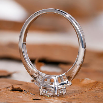 Cushion Cut Lab  Diamond Three Stone Engagement Ring with Trillion Side Diamonds