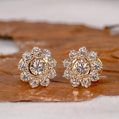 Round Lab Grown Diamond Bezel Halo Flower Stud Earrings