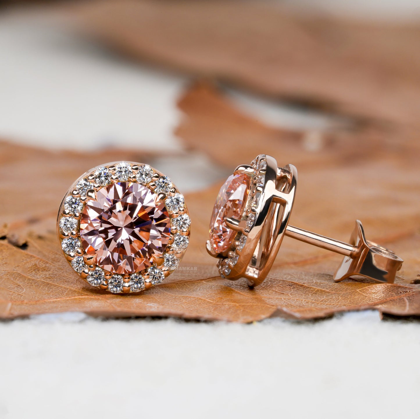 Pink Round Cut Lab Grown Diamond Stud Earrings,14K Rose Gold Hand Made Diamond Women's Earrings,2.00Ct Round Cut Diamond Halo Studs For Her