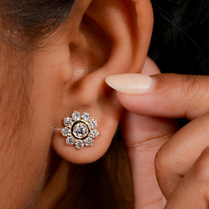 Round Lab Grown Diamond Bezel Halo Flower Stud Earrings