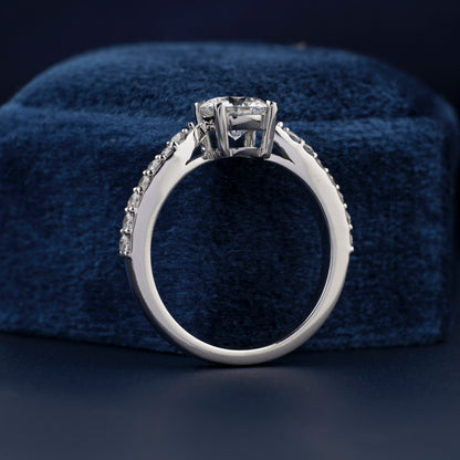 Round Lab Diamond Engagement Ring, Pave Wedding Bridal Ring