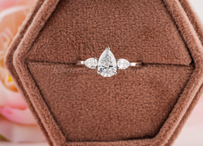 Lab Grown Pear Diamond Three Stone Engagement Ring Promise Ring for Her