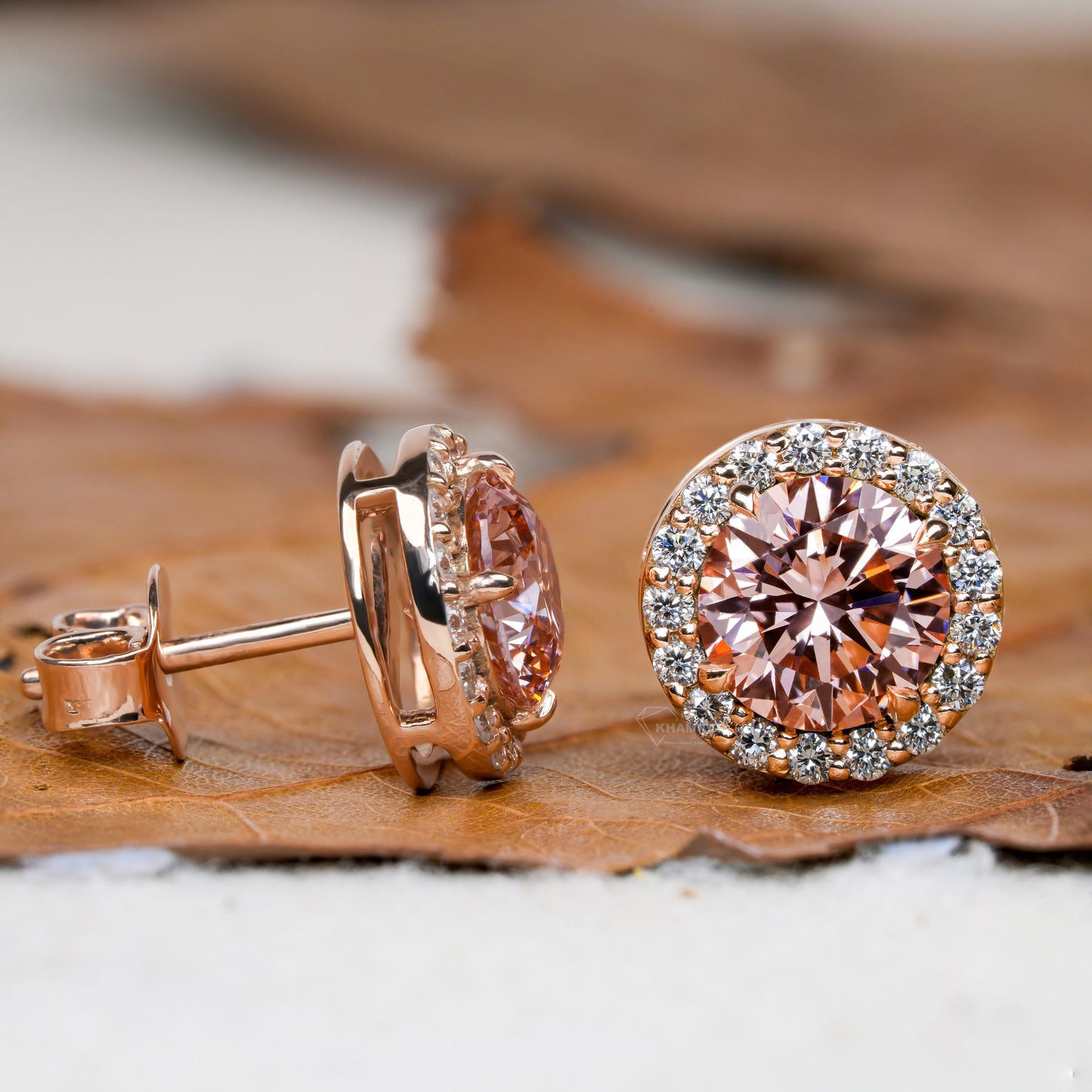 Pink Round Cut Lab Grown Diamond Stud Earrings,14K Rose Gold Hand Made Diamond Women's Earrings,2.00Ct Round Cut Diamond Halo Studs For Her