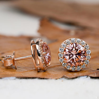 Pink Round Cut Lab Grown Diamond Stud Earrings,14K Rose Gold Hand Made Diamond Women's Earrings,2.00Ct Round Cut Diamond Halo Studs For Her