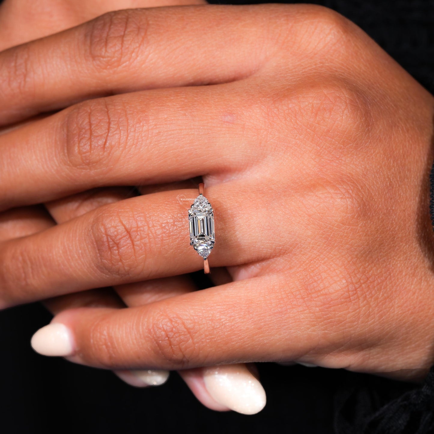 Trillion & Emerald East West Engagement Ring,Three Stone Lab grown Diamond Ring