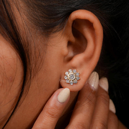 Round Lab Grown Diamond Bezel Halo Flower Stud Earrings