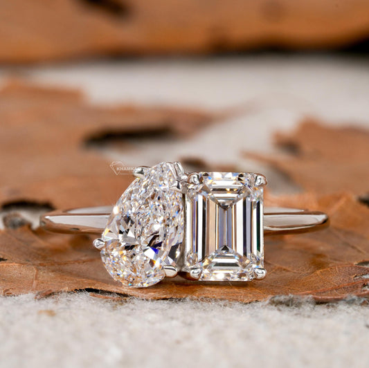 Emerald & Pear Cut Lab Diamond Toi Et Moi Ring – Two Stone Engagement Ring
