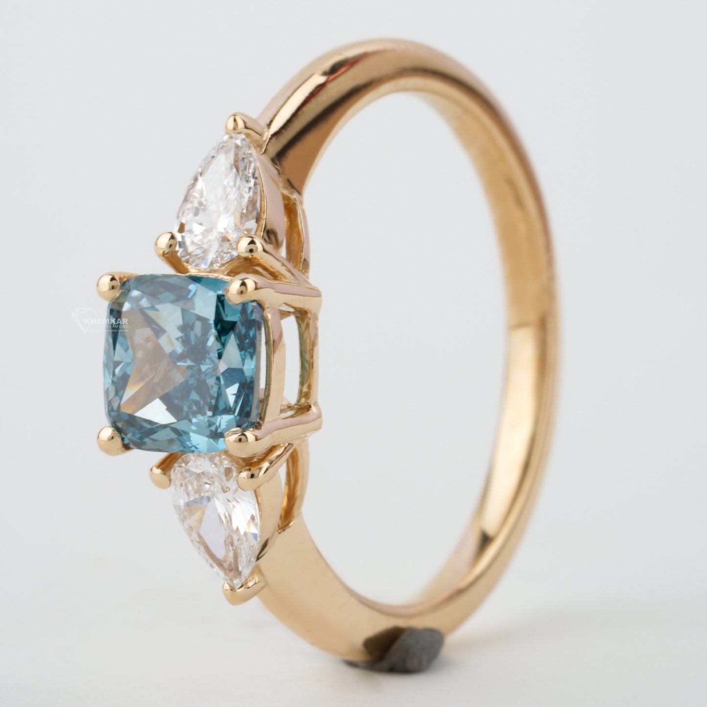 1.40 TCW Cushion Shaped Blue Diamond Engagement Ring,Side Pear Diamonds,Trilogy Ring For Her,Personalized Jewelry