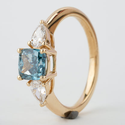 1.40 TCW Cushion Shaped Blue Diamond Engagement Ring,Side Pear Diamonds,Trilogy Ring For Her,Personalized Jewelry