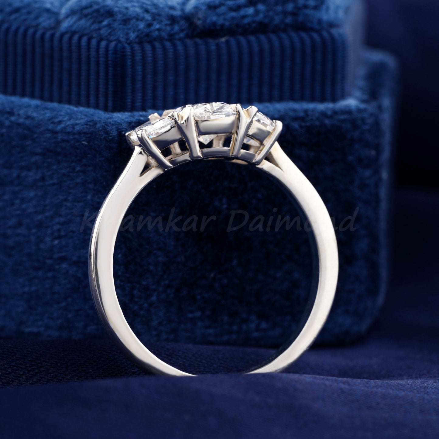 1.30CT Oval Lab Diamond Three Stone Ring, Half Moon Engagement Ring