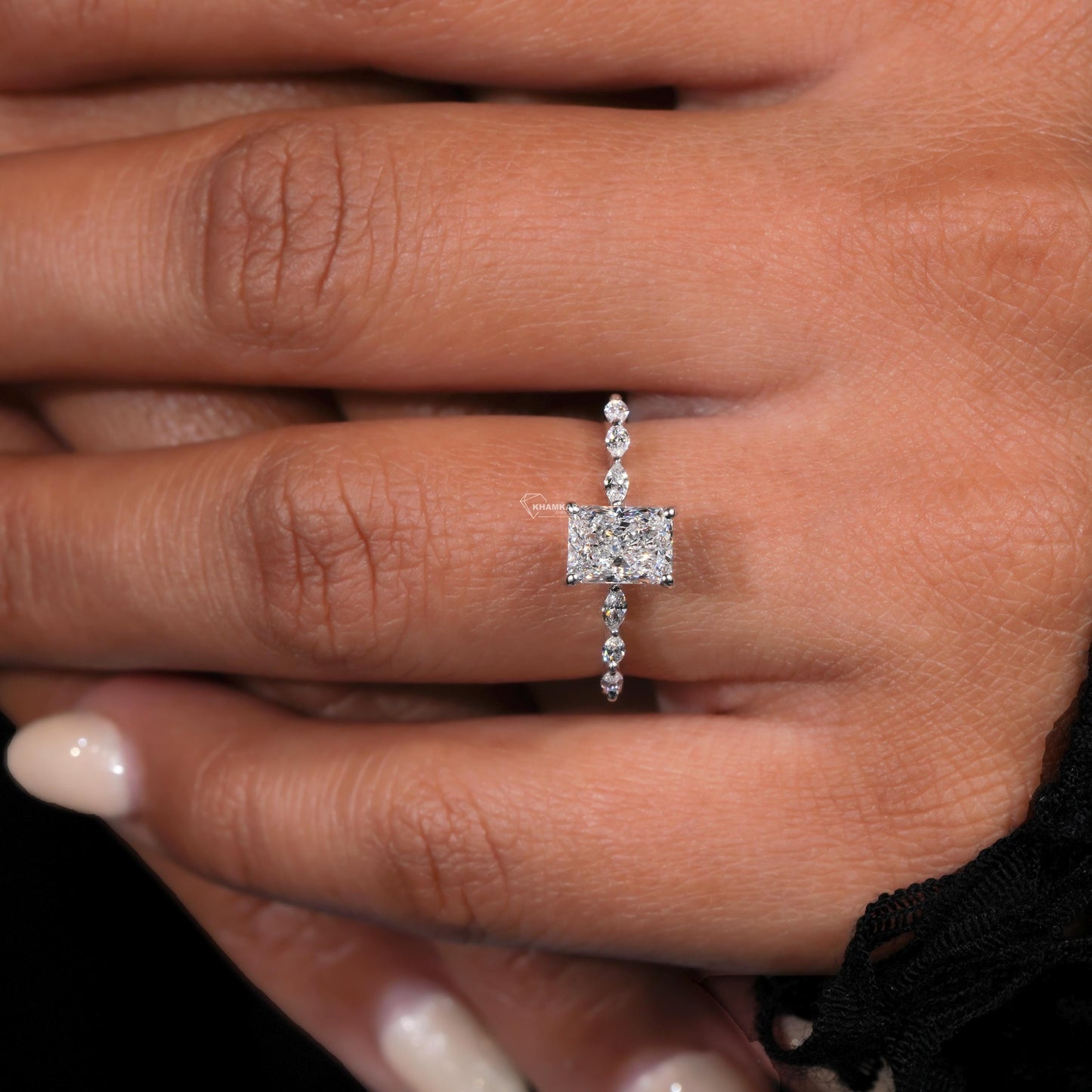 1CT Radiant Cut Lab Grown Diamond Engagement Ring with Hidden Halo