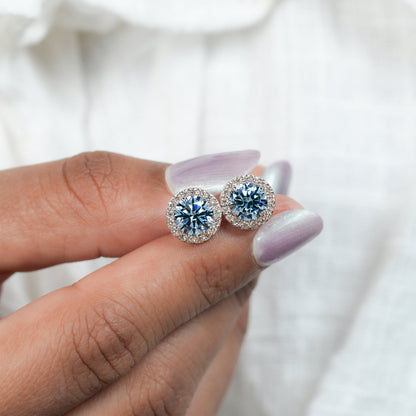 Round Lab Grown Diamond Cluster Earrings,0.50Ct To 1.00Ct Blue Colored Round Diamond Halo Stud Earrings,14K White Gold Wedding Studs For Her