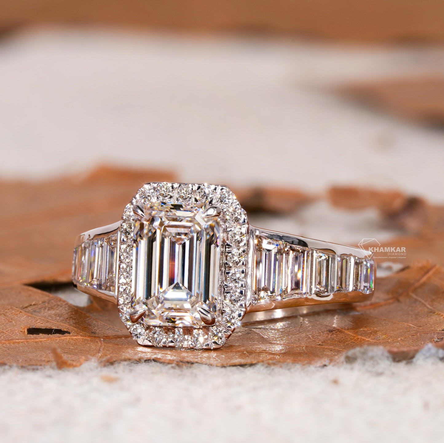 IGI Certified 1.50CT Emerald Cut Halo Engagement Ring