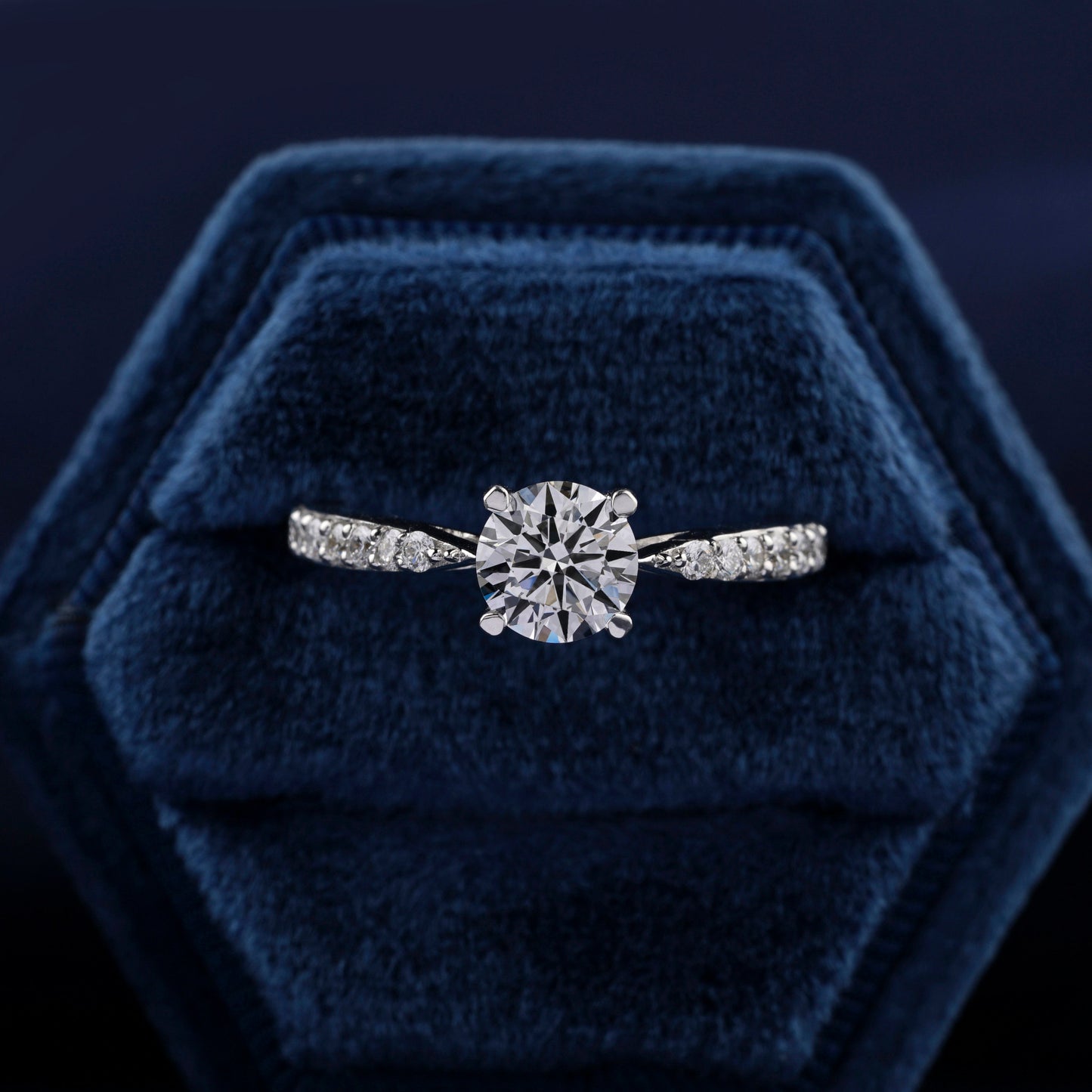 Round Lab Diamond Engagement Ring, Pave Wedding Bridal Ring