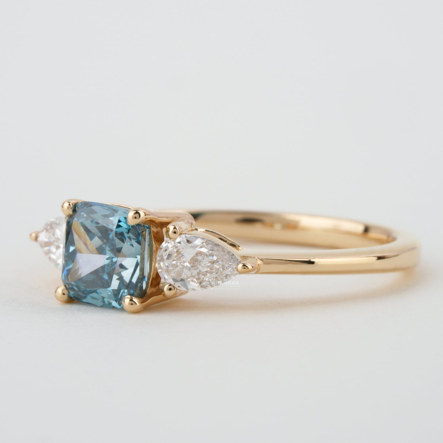 1.40 TCW Cushion Shaped Blue Diamond Engagement Ring,Side Pear Diamonds,Trilogy Ring For Her,Personalized Jewelry