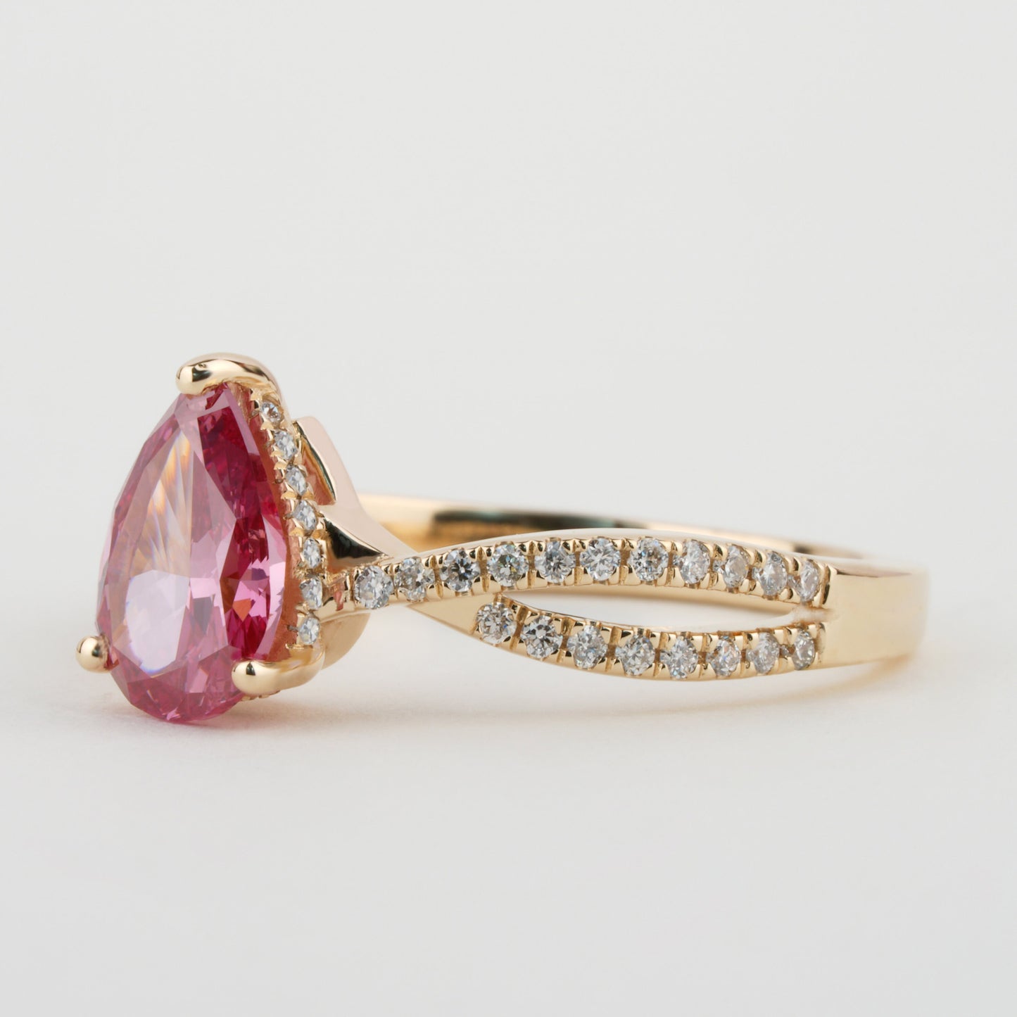 1.00 CT Vivid Pink Colored Pear Cut Lab Grown Diamond Engagement Ring Twisted shank Wedding Ring, Conflict Free Diamond Ring Gift For Her