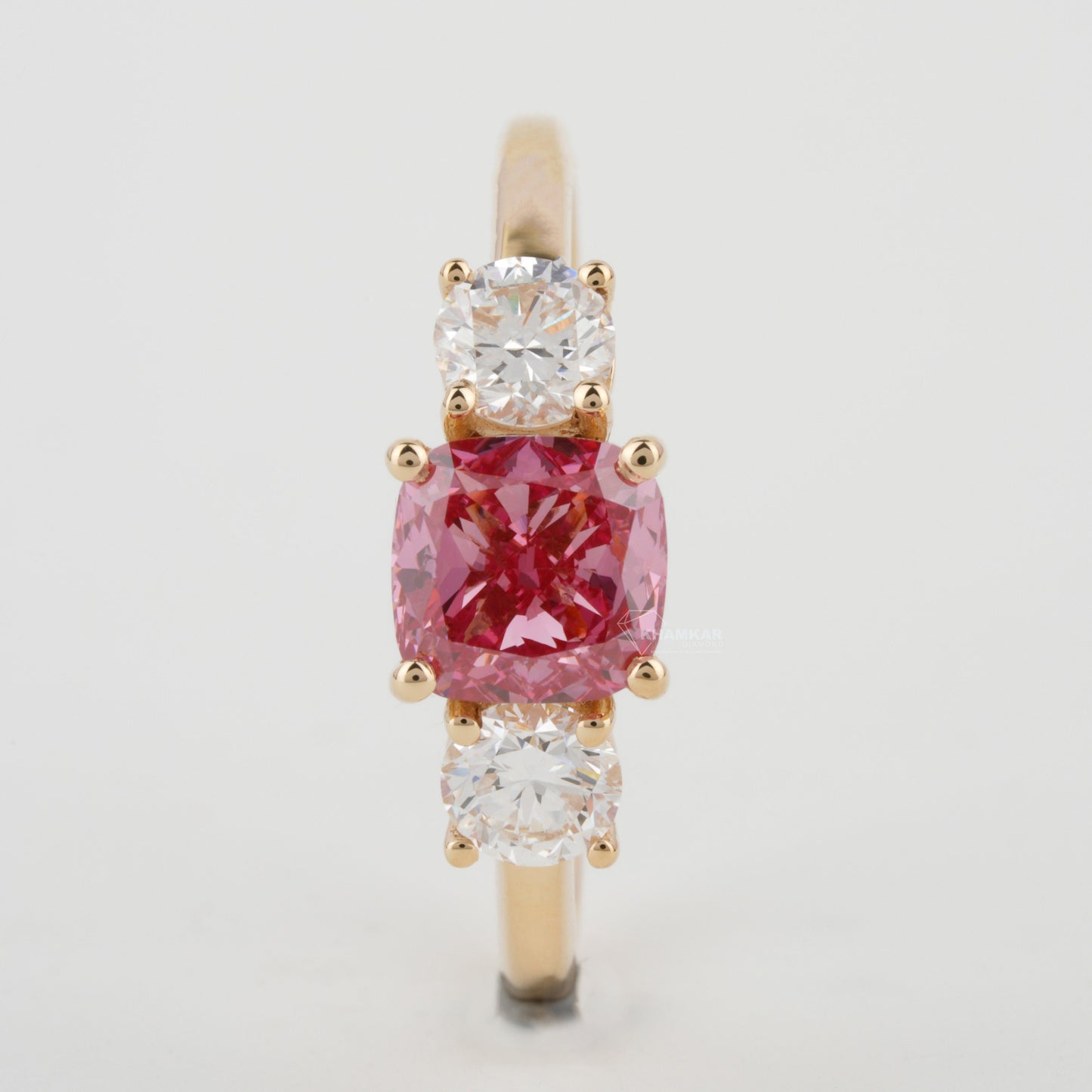 1 CT Pink Cushion Cut Lab Diamond Three Stone Engagement Ring