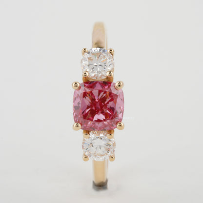 1 CT Pink Cushion Cut Lab Diamond Three Stone Engagement Ring