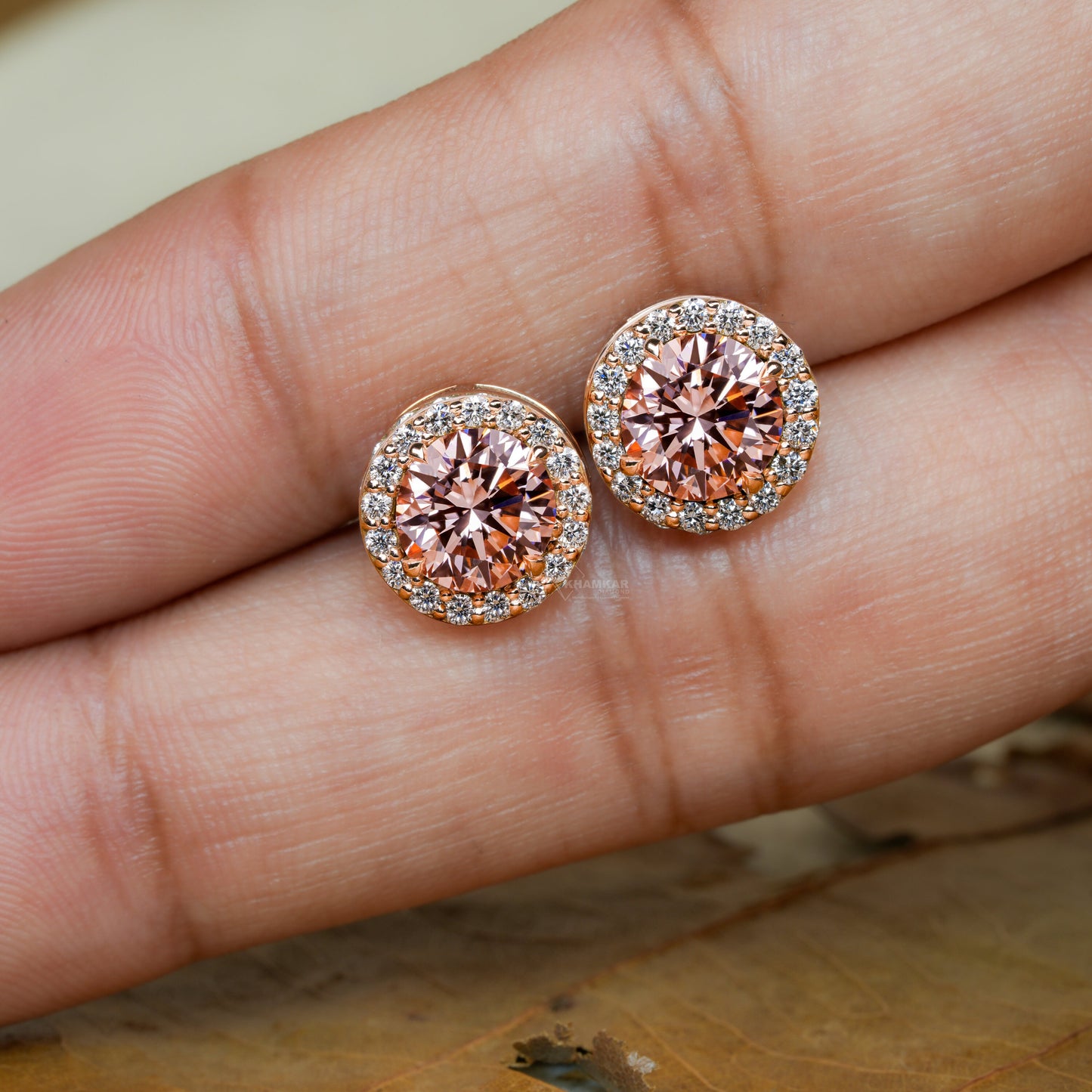 Pink Round Cut Lab Grown Diamond Stud Earrings,14K Rose Gold Hand Made Diamond Women's Earrings,2.00Ct Round Cut Diamond Halo Studs For Her