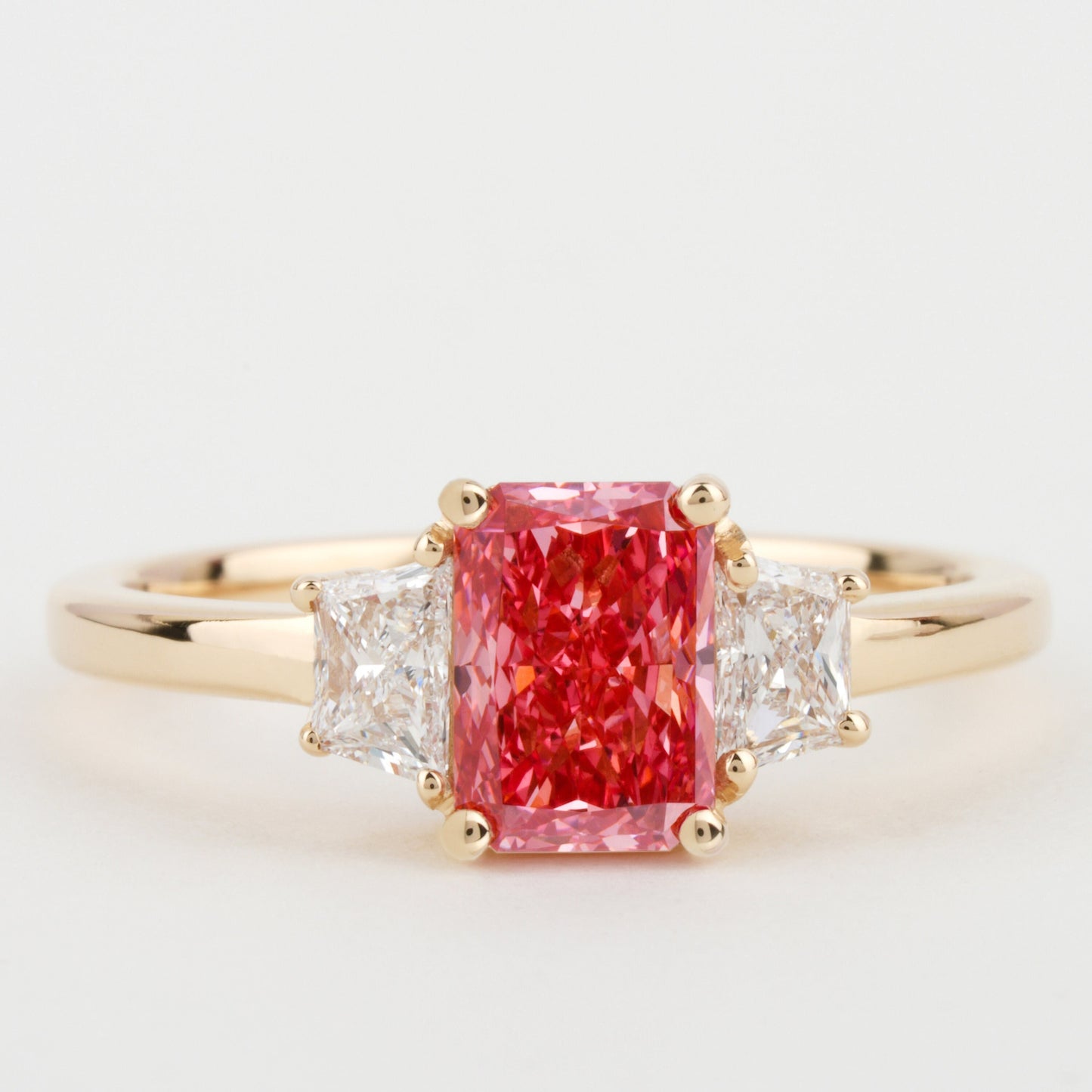 1 Ct Pink Radiant Cut Lab Grown Diamond Three Stone Engagement Ring for Her