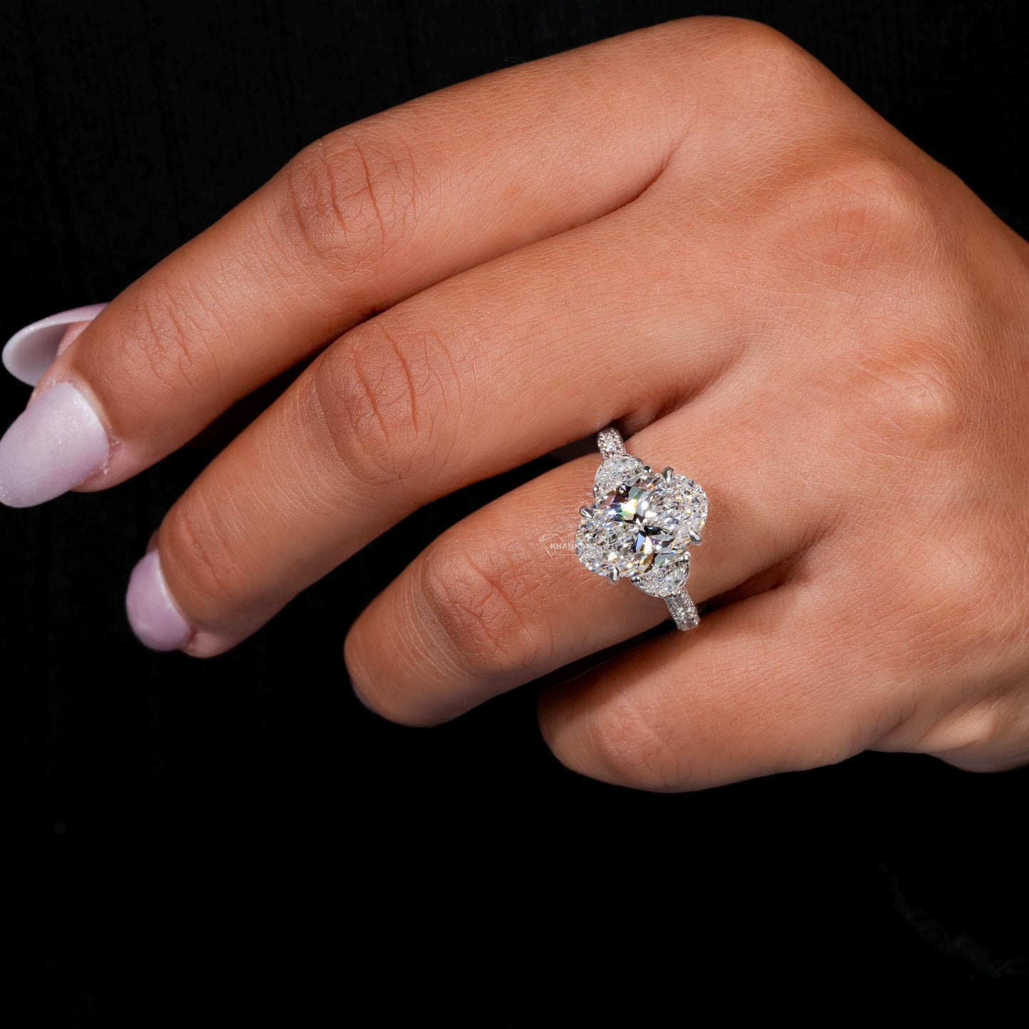 4CT Oval Lab Grown Diamond Three Stone Ring | Trilogy Engagement Ring