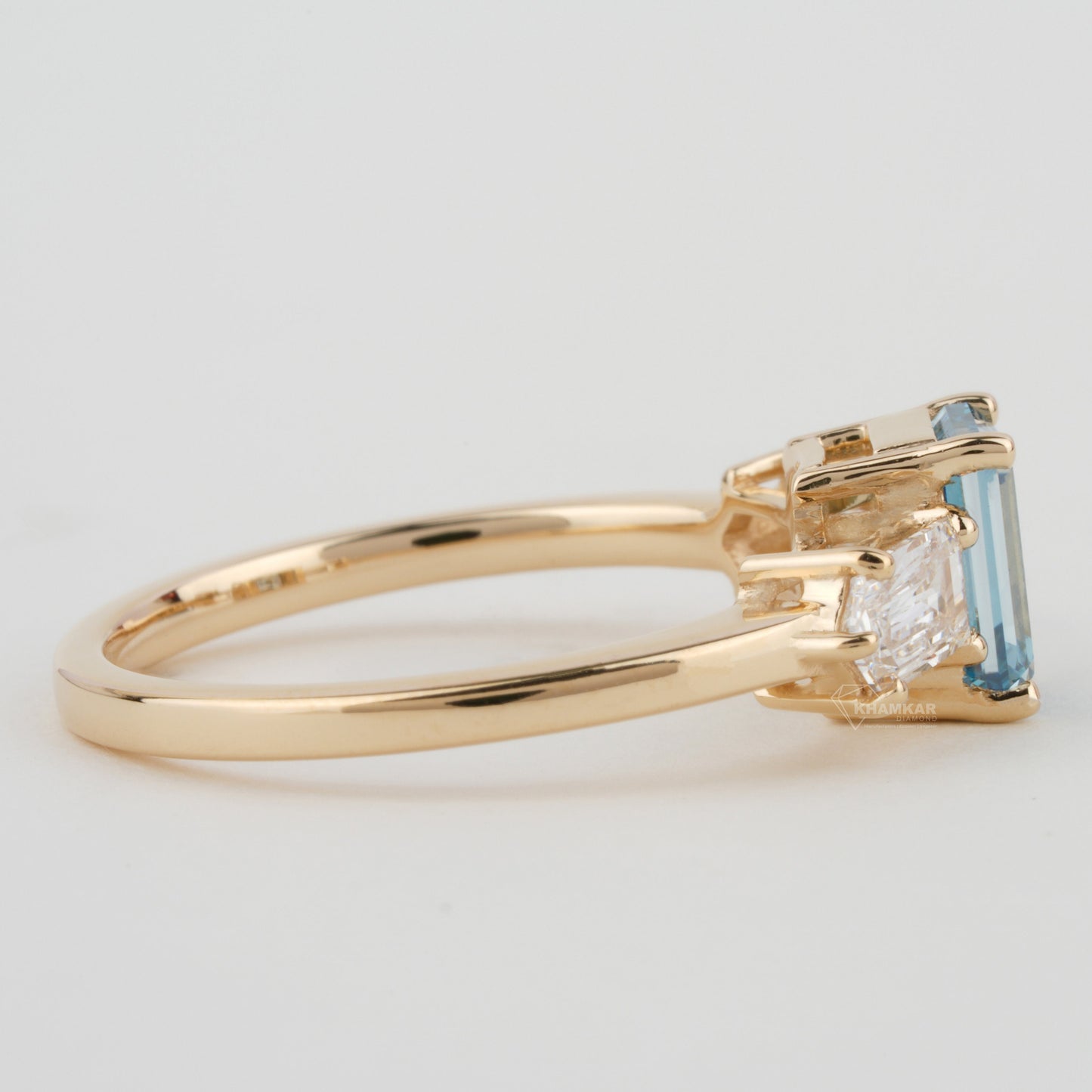 Blue Emerald Cut Lab Diamond Three Stone Engagement Ring