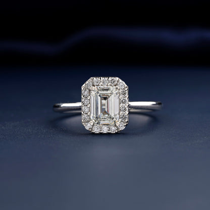 1 CT Emerald Cut Lab Grown Diamond Halo Engagement Ring in 14K Solid Gold