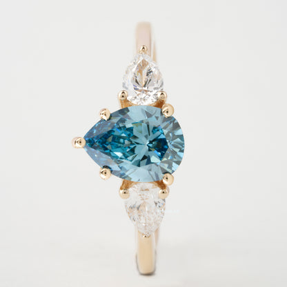 1.40 TCW Blue Colored Pear Cut Lab Grown Diamond Wedding Ring 3 Stone Diamond Ring For Perfect valentine's Gift Unique Engagement Ring