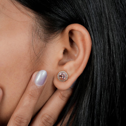 Pink Round Cut Lab Grown Diamond Stud Earrings,14K Rose Gold Hand Made Diamond Women's Earrings,2.00Ct Round Cut Diamond Halo Studs For Her