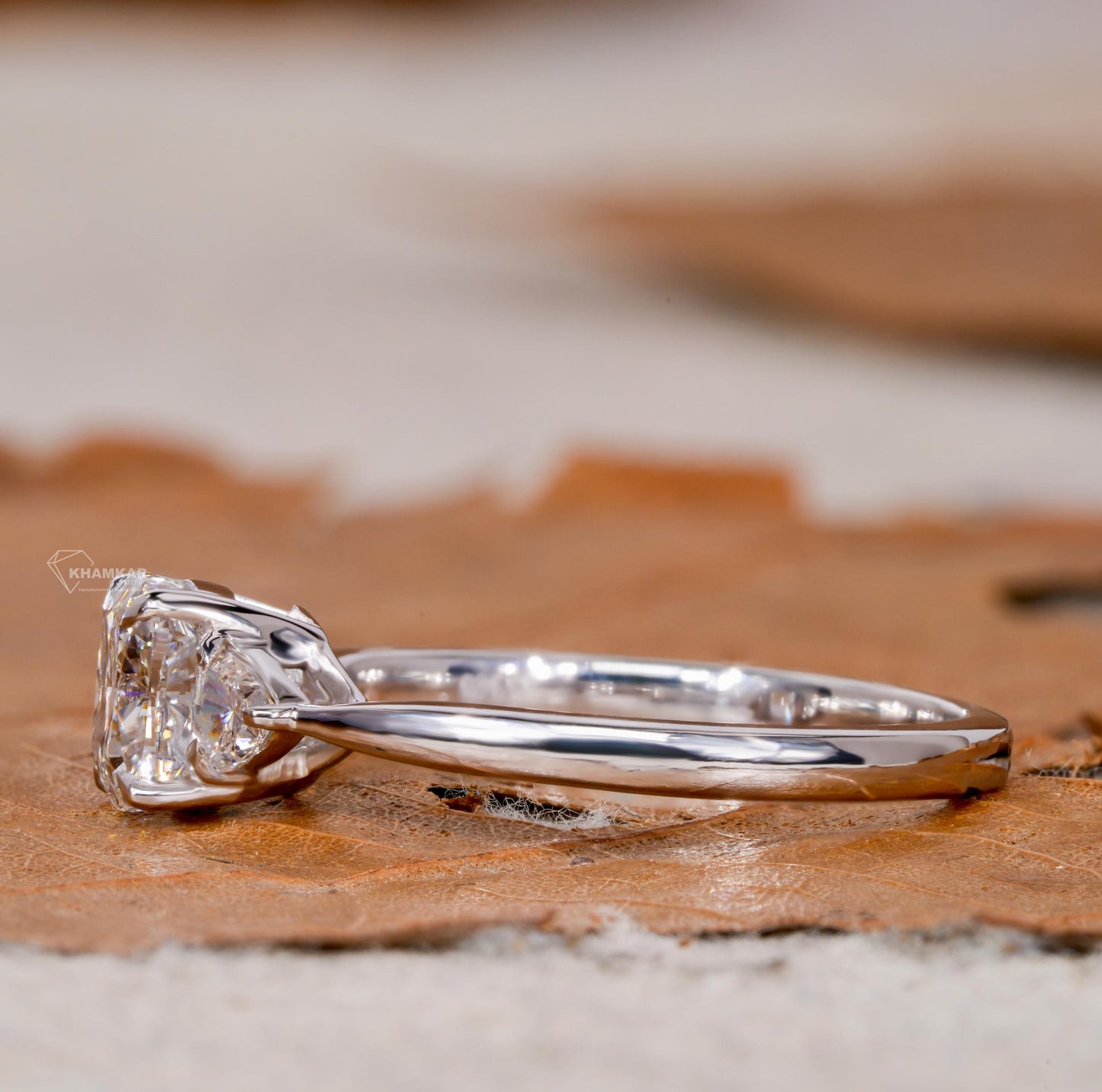 Cushion Cut Lab  Diamond Three Stone Engagement Ring with Trillion Side Diamonds