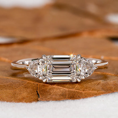 Trillion & Emerald East West Engagement Ring,Three Stone Lab grown Diamond Ring