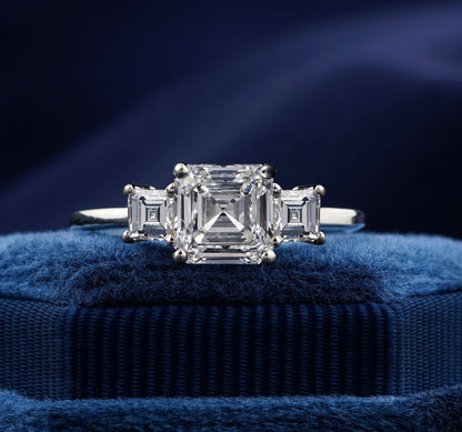 1CT Asscher Cut Lab Grown Diamond Three Stone Engagement Ring
