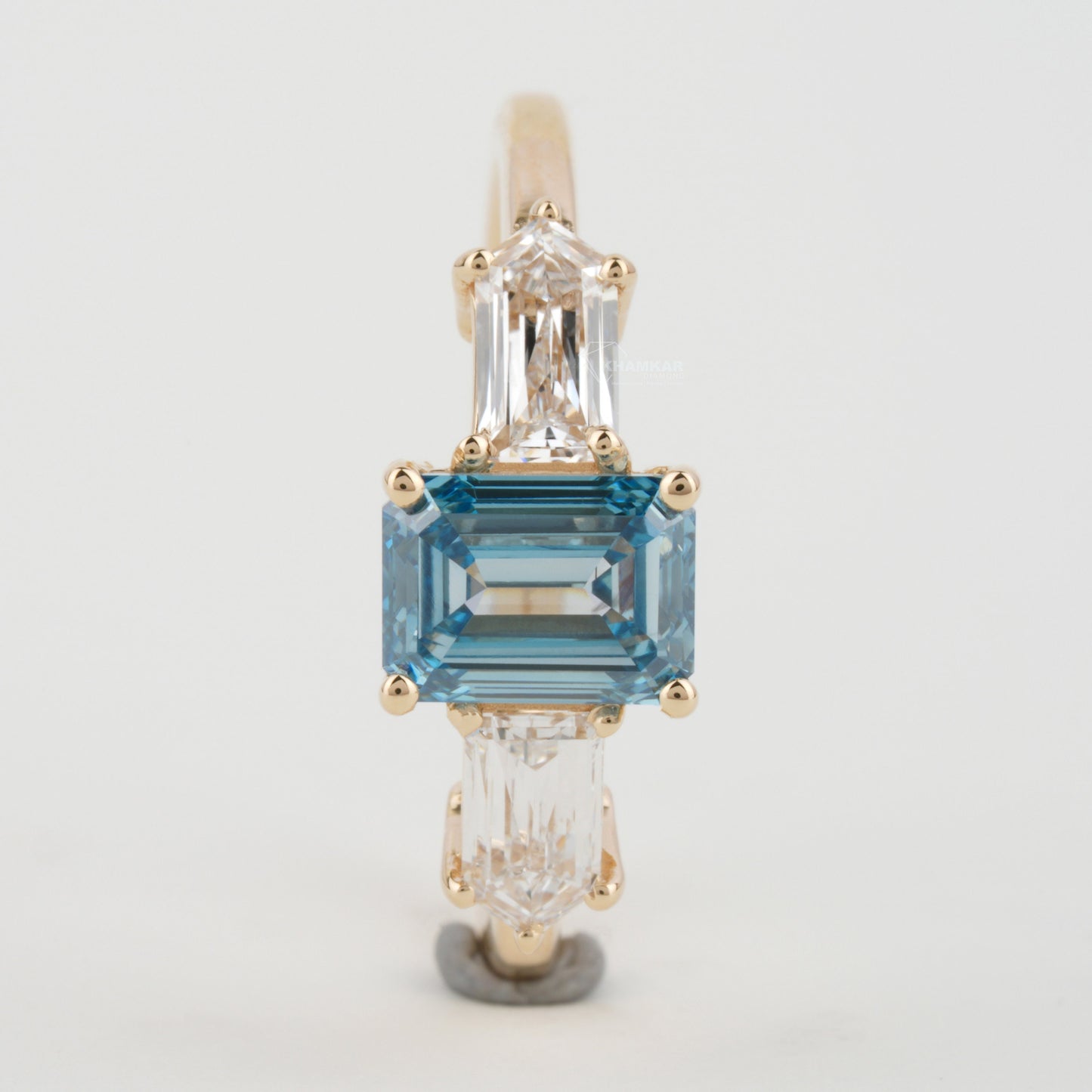 Blue Emerald Cut Lab Diamond Three Stone Engagement Ring