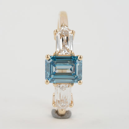Blue Emerald Cut Lab Diamond Three Stone Engagement Ring