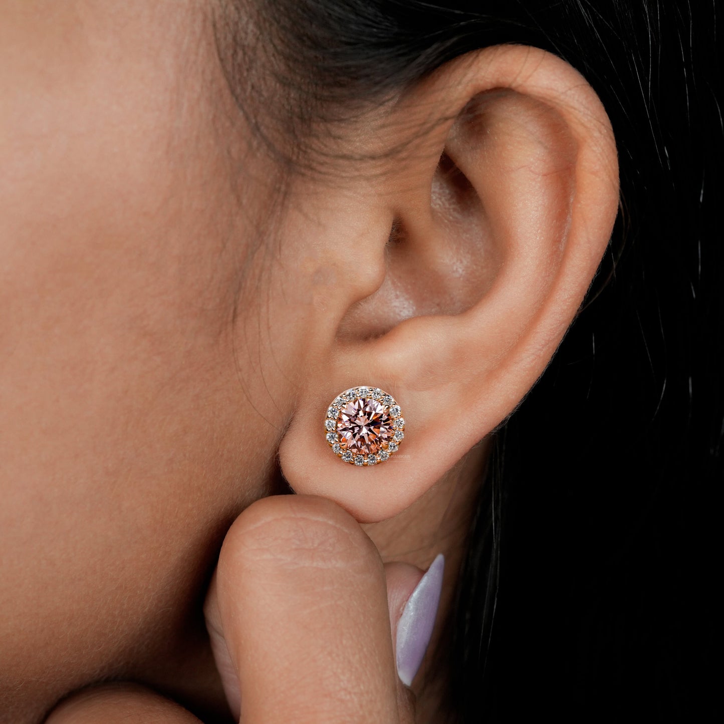 Pink Round Cut Lab Grown Diamond Stud Earrings,14K Rose Gold Hand Made Diamond Women's Earrings,2.00Ct Round Cut Diamond Halo Studs For Her