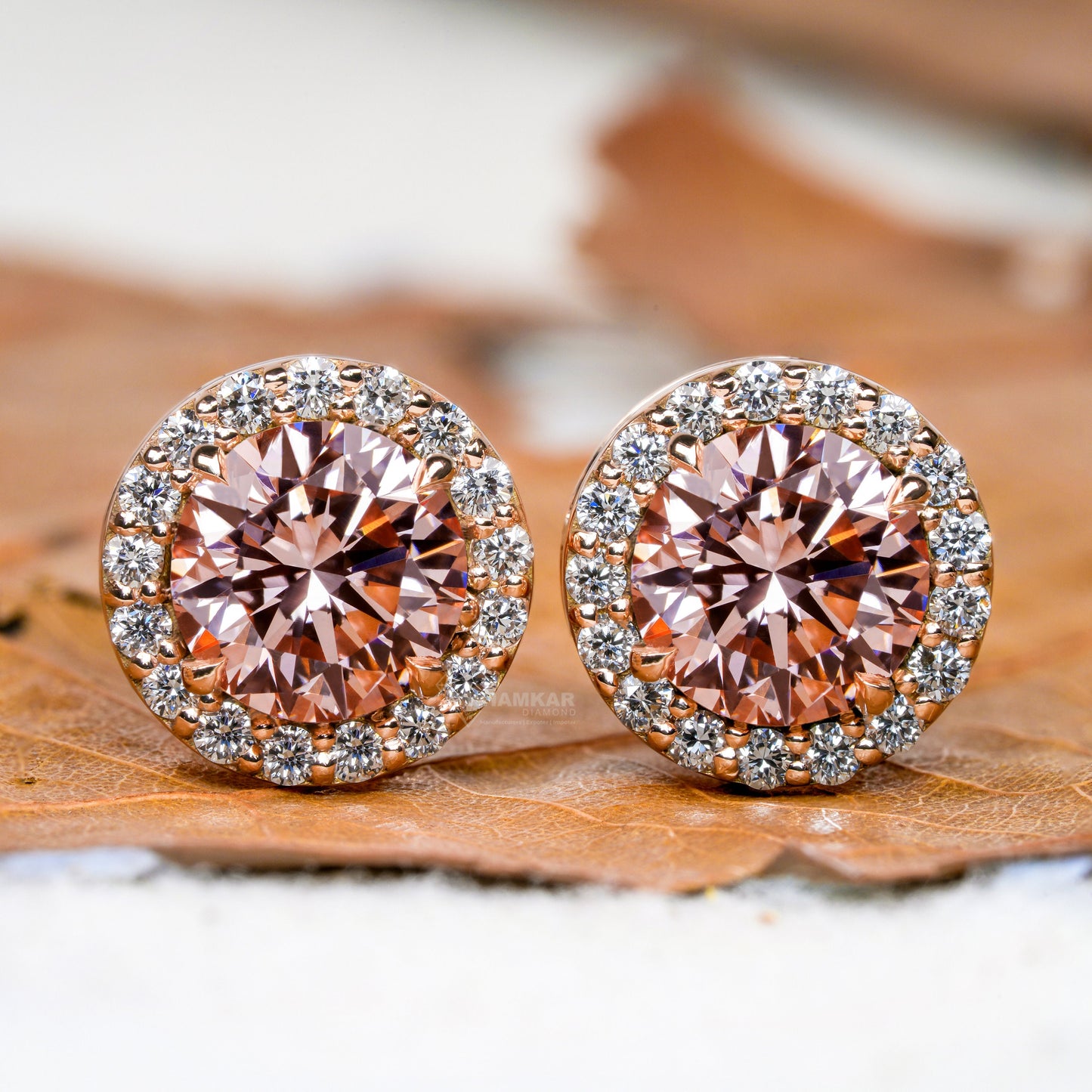 Pink Round Cut Lab Grown Diamond Stud Earrings,14K Rose Gold Hand Made Diamond Women's Earrings,2.00Ct Round Cut Diamond Halo Studs For Her