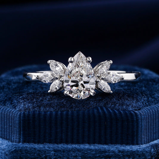 Pear Cut Diamond Engagement Ring,1 CT Pear Labgrown Diamond Ring,Marquise Side Stone Ring,Vintage Style Wedding Ring,Anniversary Gifts