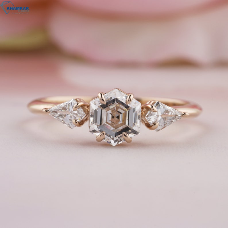 Hexagon Cut Three Stone Lab Diamond Engagement Ring