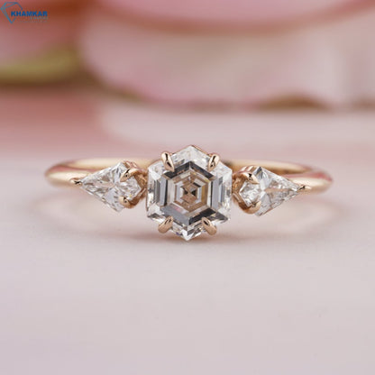 Hexagon Cut Three Stone Lab Diamond Engagement Ring