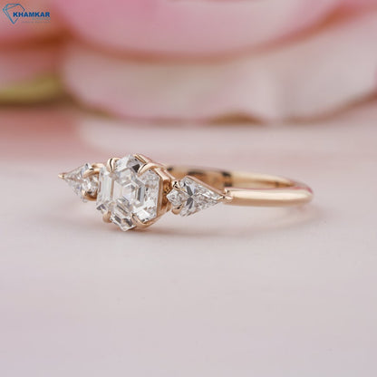 Hexagon Cut Three Stone Lab Diamond Engagement Ring